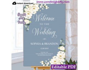 Dusty Blue Wedding Welcome sign template,Ivory roses welcome sign template,(141)